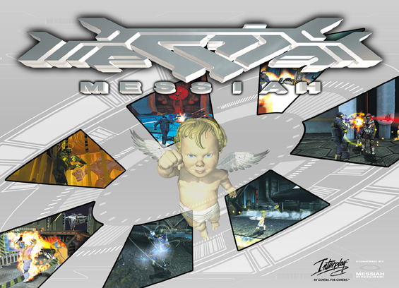 The splash screen for Shiny/Interplay's Messiah, showing the cherub Bob doing a fist pump.