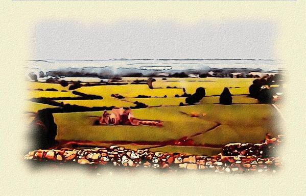 Ein bearbeitetes Foto das nun aussieht wie ein gemaltes Bild: Blick von einer Burg auf grüne Wiesen mit Hecken, Bäumen und Gebäuden.

An edited photo that now looks like a painting: view from a castle onto green meadows with hedges, trees and buildings.