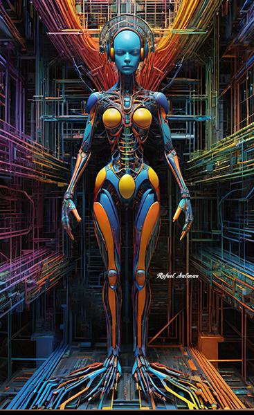 Abstract futuristic artwork of a humanoid robot figure in a soft, resting pose, with metallic tones symbolizing a recharging state. art by artist Rafael Salazar at RafaelSalazar.com