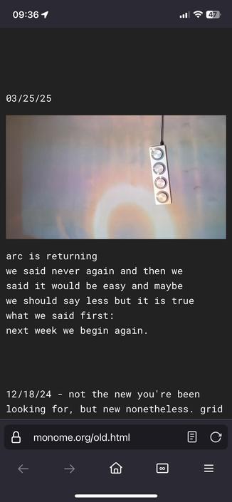 Screenshot of monome.org website showing announcement of arc controller return.