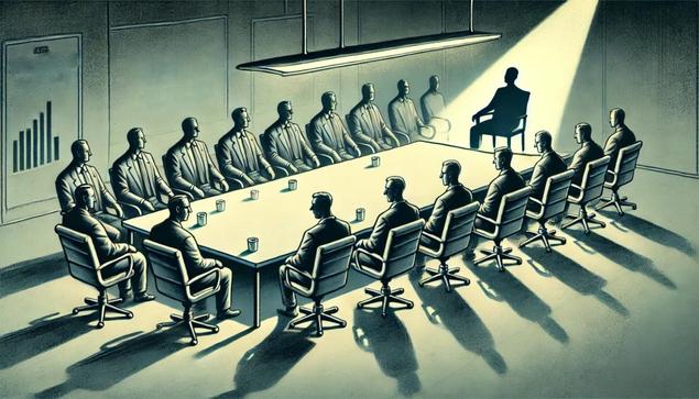 Illustration depicting a modern corporate boardroom. Grey-suited figures sit silently around a long table, avoiding eye contact. One chair is empty and spotlighted, symbolising absence or avoidance. The mood is tense and subdued, reflecting themes of organisational silence.