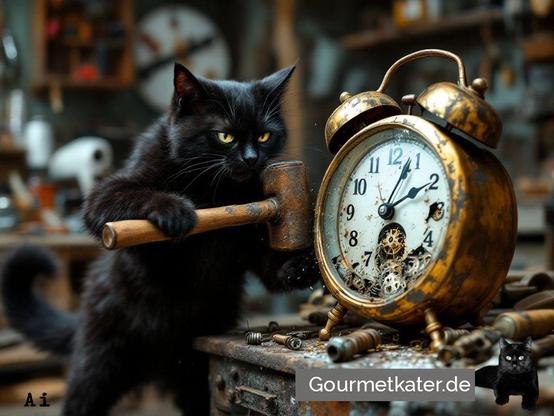 Wütender Kater zerschlägt Wecker mit Hammer