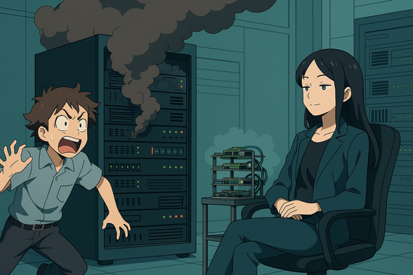 A junior running crazy as the server smokes. While the senior sits next to the raspberry pi.