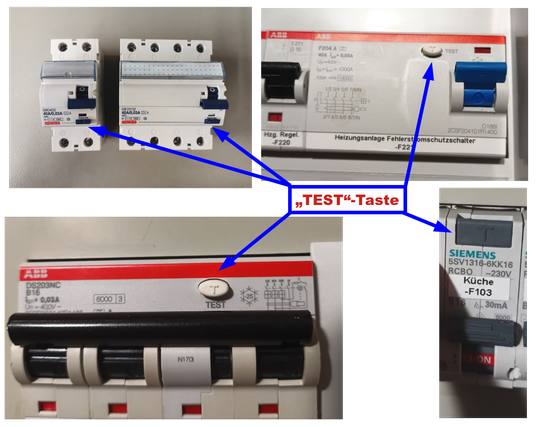Vier Bilder verschiedener Fehlerstromschutzgeräte. Oben links zwei ausgebaute RCDs von "Gewiss" mit blauer, kompakter Test-Taste.

Rechts oben ein FI-Schutzschalter von ABB mit ovaler weißer Test-Taste, die ein fühlbares "T" hat.

Unten links eine andere FI-Variante (in dem Fall ein RCBO bzw. FI/LS-Schalter) mit ebenfalls ovaler Test-Taste,

Unten rechts eine FI/LS-Schutzschalter von Siemens mit Siemens-Typisch grauer Test-Taste und dem Buchstaben "T" darauf erkenn- und fühlbar.