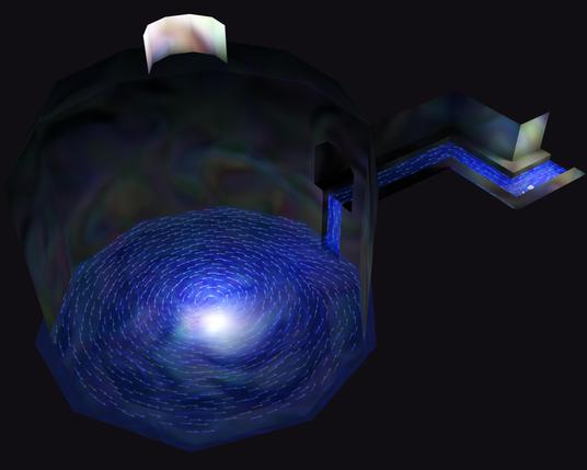 A rendering of a tall cave with an oculus and a connecting passageway.  The is partially submerged.  The passage has an aqueduct carved into the floor, which provides the water source feeding the pool in the cave.  The model has a very low polygon count like what you might see in an N64 game, and the camera position is out of bounds causing the back-facing walls to clip away, which makes it look like a debug view or a strategy guide diagram.  My flow map visualizer is active in this rendering, so there are also arrows in the water showing the path the water takes.  The pool has a counter clockwise circular flow.