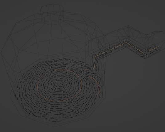This is a wire frame view of the same image, also with the flow visualizer active, but more importantly it also has the splines that generate the flow active, which are highlighted in orange.  There's a single path along the aqueduct, a circle in the pool, and two short curves to help the space between the two look nice.