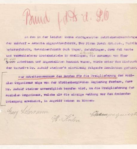 Vorbereitung eines Vortrags von Rudolf Steiner vor den Delegierten des Arbeiterrates Stuttgart am 7. Mai 1919. 
Landesarchiv Baden-Württemberg, Hauptstaatsarchiv Stuttgart E 135 a Bü 212.