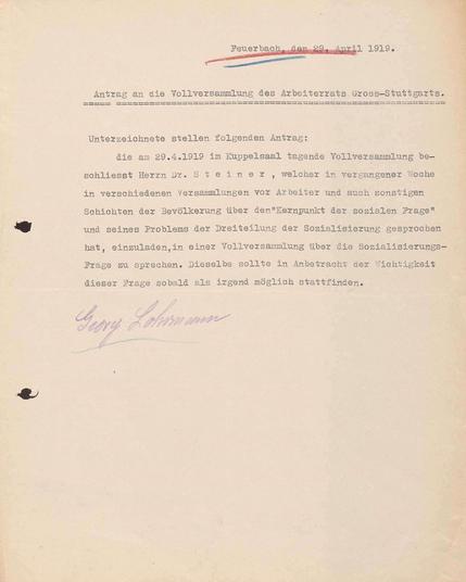 Vorbereitung eines Vortrags von Rudolf Steiner vor den Delegierten des Arbeiterrates Stuttgart am 7. Mai 1919. 
Landesarchiv Baden-Württemberg, Hauptstaatsarchiv Stuttgart E 135 a Bü 212.