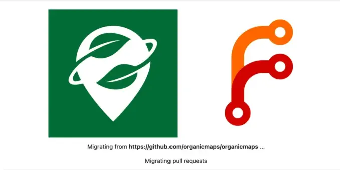 Organic Maps and Forgejo icons on a white background with the black text "Migrating from GitHub.com"