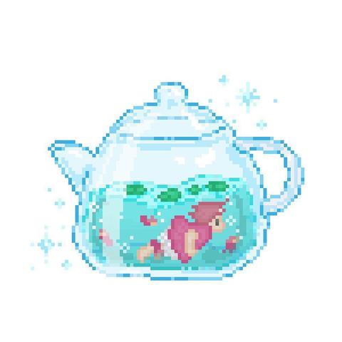 An aquatic little girl in a red dress, accompanied by a couple of her tiny sisters, swims around the confines of a sparkling, magical transparent glass teapot, half-filled with clear, bubbling water.