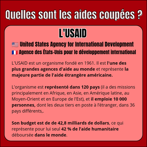 Quelles sont les aides coupées ?

L'USAID - United States Agency for International Development (en français : l'Agence des États-Unis pour le développement international).

L'USAID est un organisme fondé en 1961. Il est l'une des plus grandes agences d'aide au monde et représente la majeure partie de l'aide étrangère américaine.

L'organisme est représenté dans 120 pays (il a des missions principalement en Afrique, en Asie, en Amérique latine, au Moyen-Orient et en Europe de l'Est), et il emploie 10 000 personnes, dont les deux tiers en poste à l'étranger, dans 36 pays différents,.

Son budget est de de 42,8 milliards de dollars, ce qui représente pour lui seul 42% de l'aide humanitaire déboursée dans le monde.