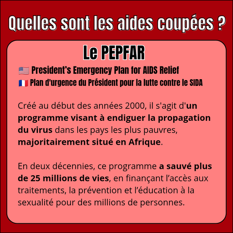 Quelles sont les aides coupées ?

Le PEPFAR - President's Emergency Plan for AIDS Relief (en français le plan d'urgence du Président pour la lutte contre le SIDA).

Créé au début des années 2000, il s'agit d'un programme visant à endiguer la propagation du virus dans les pays les plus pauvres, majoritairement situé en Afrique.

En deux décennies, ce programme a sauvé plus de 25 millions de vies, en finançant l'accès aux traitements, la prévention et l'éducation à la sexualité pour des millions de personnes.