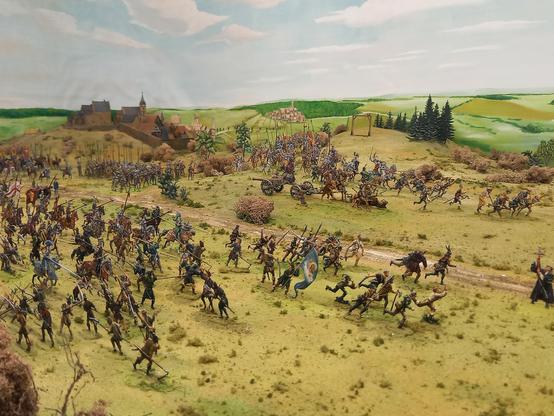 Batalo de Böblingen en 1525: La atako de nobeluloj. La unua kohorto de la kamparanoj fuĝas.