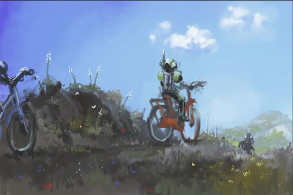 Digital painting of several robots riding bicycles through a picturesque hill trail