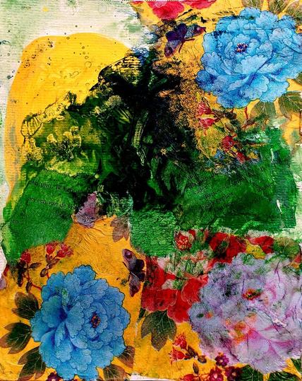 Shades of yellow, blue, green, red.
Flowers, abstract, butterflies, etc. 
Acrylic paint, watercolor, (book)paper.