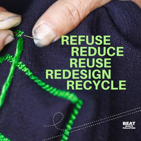 Fingers pulling a need through fabric with these words: refuse, reduce, reuse, redesign, and recycle.