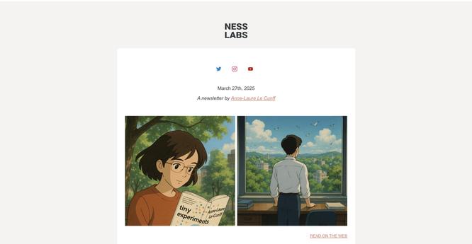 Screenshot of NessLabs newsletter header showing AI slop image creation in Studio Ghibli design