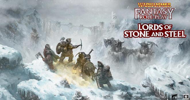 Zeigt einen Gruppe Dawi mit Schilden und Äxten auf einen Schneegipfel, die ein Tor zu einem Karak entdeckten.