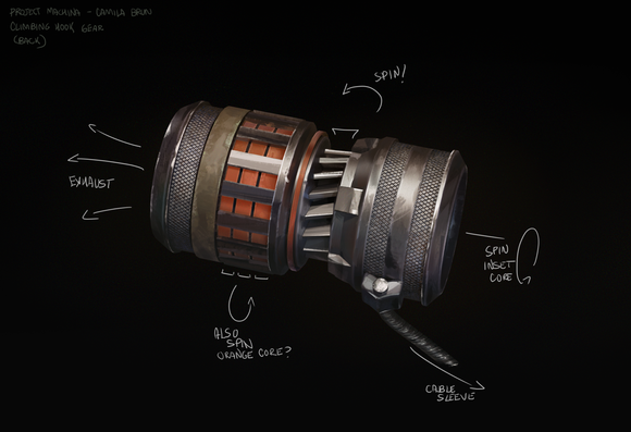 Game prop concept art painting of a cylindrical device. It's made of metal and orange plastic, and the design borrows heavily from drill chucks, induction motors and microphone coils.
