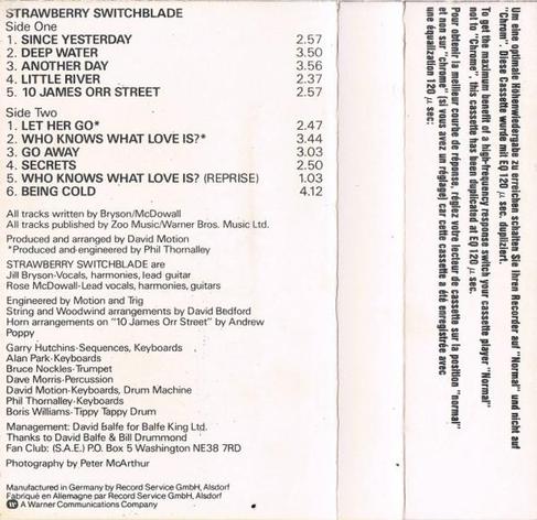 Inner sleeve of the Strawberry Switchblade album cassette. It's entirely black print on white, detailing the tracks and credits.