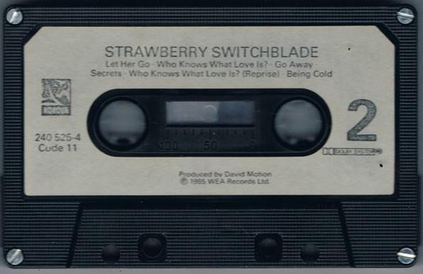 Side 2 of the Strawberry Switchblade album cassette. The title and track listing are in a faded dark grey print on a pale grey background.
