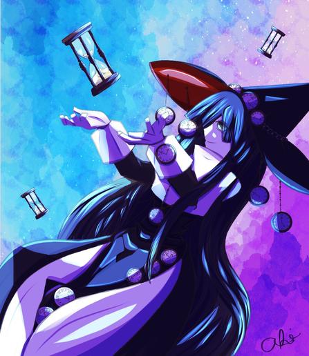 Tokinome floating against a backdrop of blues and purples. Hourglasses float above her outstretched hands.