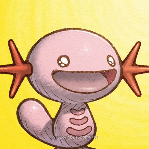 Digitally-handmade fanart profile picture of a shiny female Wooper Pokémon facing forward towards the right side of the image at a 3/4 angle with a pleasantly amazed expression, on a yellow gradient background.
