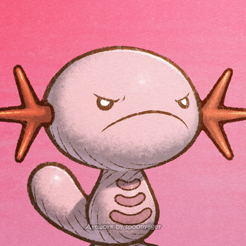 Digitally-handmade fanart profile picture of a shiny female Wooper Pokémon facing forward towards the right side of the image at a 3/4 angle with a mad facial expression, on a magenta gradient background.