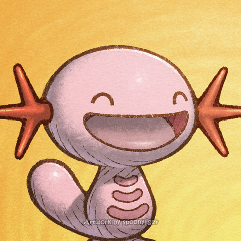 Digitally-handmade fanart profile picture of a shiny female Wooper Pokémon facing forward towards the right side of the image at a 3/4 angle with a happy facial expression, on an orange gradient background.
