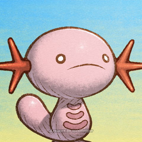 Digitally-handmade fanart profile picture of a shiny female Wooper Pokémon facing forward towards the right side of the image at a 3/4 angle with a frowning facial expression, on a blue-to-yellow gradient background.