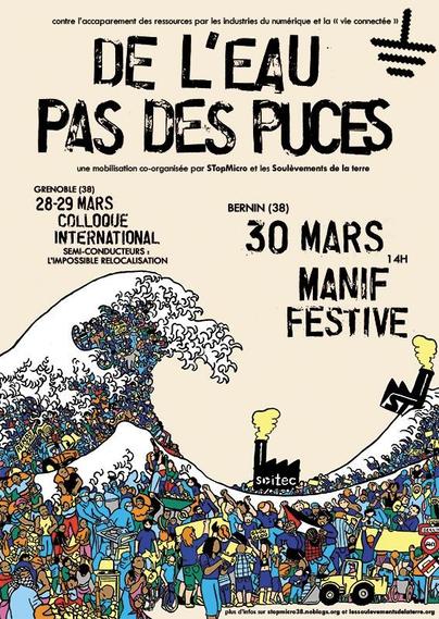 Vague tsunami avec en son sein des personnes qui submerge deux usines polluantes , du côté de Bernin manif festive de l'eau pas des puces