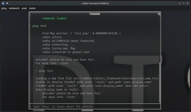 Screenshot of Liblast Framework with an opened in-game console.