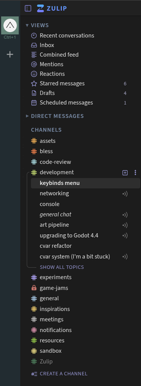 Screenshot from Zulip showing our chat channels and some topics.