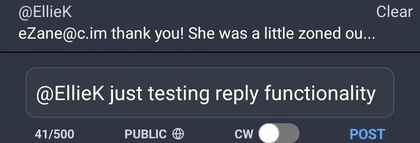 Screenshot of reply box in Pixelfed app with one line of text and the reply option visible