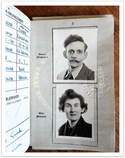 A photograph of an open passport. It is shared by by Mum and Dad. Dad is in the top photograpgh looking into the camera with a handlebar moustache. He looks amused. 
Mum is below, she is half-smiling, her hair slightly windswept. They both look SOOO young!