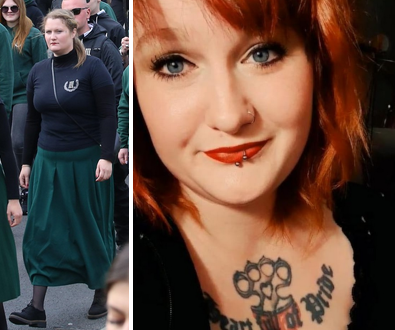 links sieht man Isabell Hess gestern in Berlin mit schwarzem Oberteil mit Parteilogo des III. Weg, langem, dunkelgrünem Rock und Lederhalbschuhen. Rechts sieht man ein Selfie mit rot gefärbten Haaren, Nasen- und Lippenpiercing und einem auf den Halsansatz tätowierten Schlagring, unter dem in Frakturschrift "Heart of Pride" steht.