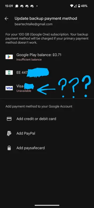 screenshot of Google Play, showing the payment method selection screen for a Google One subscription. three methods are listed: my Play balance, which totals to £0.71 and is marked as insufficient, my phone number for SIM billing, and my debit card, which is which is marked as unavailable