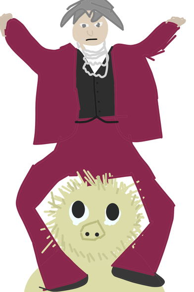 A hastily drawn 20 minute drawing of Miles Edgeworth from the Ace Attorney series being given a piggyback ride by a yeti.