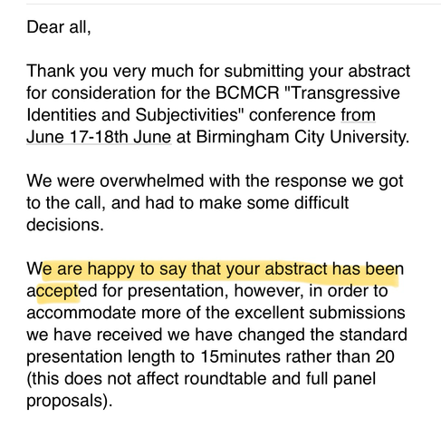 Screenshot of acceptance email from the conference organisers.