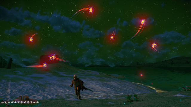 Some weird spheres with red 'bodies' and streaks doing a sky dance after arriving at the fourth dig site in the Relics Expedition in No Man's Sky.