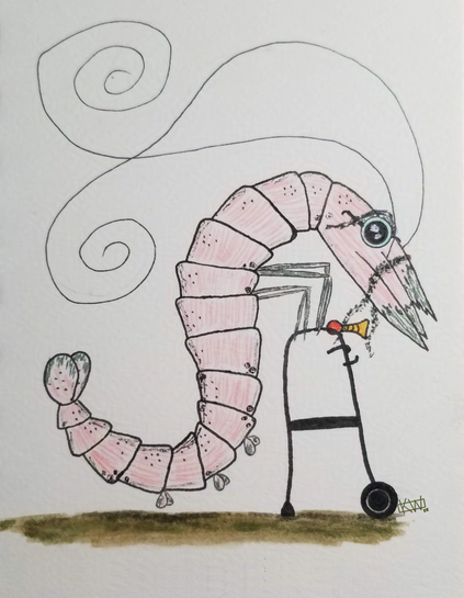 Ink drawing of an old shrimp with a bent back & barnacles growing on his shell. The oldster is using a walker with a clown horn attached to it.