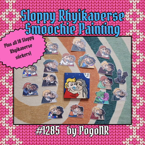 OFMD Craft Fair auction item 1285: “Sloppy Rhyikaverse Smoochie Painting, Plus all 18 Sloppy Rhyikaverse stickers”, donated by PogoNR. A photo shows 18 stickers with drawings of Rhys Darby and Taika Waititi's characters from various films or shows kissing sloppily, i. e. drooling all over each other. At the centre of the photo is a small acrylic painting of Stede and Ed kissing below a grinning moon, painted in the same style as the stickers.