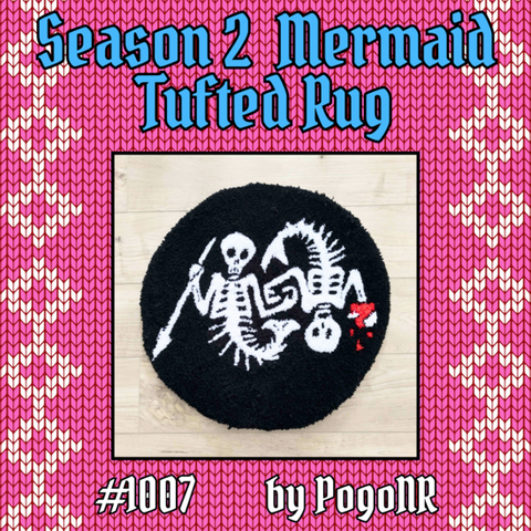 Auction item 1007: Season 2 Mermaid Tufted Rug, donated by PogoNR. A photo shows a round black rug with the OFMD Season 2 Mermaid skeleton design (2 white mermaid skeletons: one holding a spear, the other upside down & holding a bleeding red heart. Between them, their free hands shape the letters E and D).