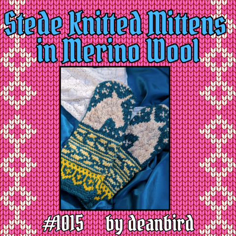Auction item 1015: Stede Knitted Mittens in Merino Wool, donated by Deanbird. A photo shows a pair of blue mittens with a yellow pattern and a white unicorn head design.