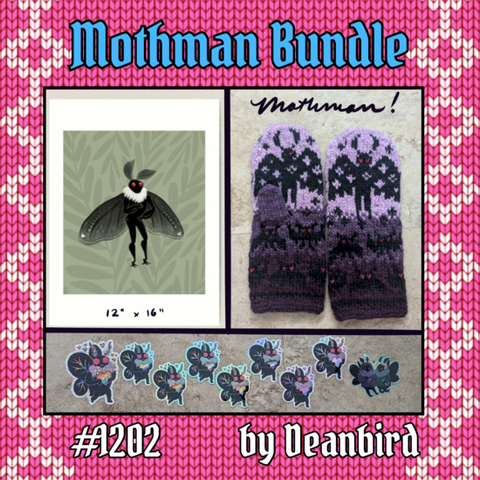 Auction item 1202: Mothman Bundle, donated by Deanbird. 3 photos show a 12 inch by 16 inch digital art print of Mothman, a pair of purple knitted Mothman mittens, and a bunch of cute Mothman stickers with pride flags, including one of Ed and Stede as Mothmen.