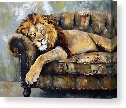 An art piece displayed on a canvas of a lion lounging on a couch. Art by Lisa S Baker.