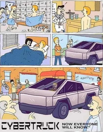 The image is a four-panel comic strip featuring a humorous narrative about a car. The first panel shows a locker room scene where a man is drying off with a towel, while others point and laugh at him. The second panel depicts a doctor examining a shirtless man in a medical setting. The third panel shows the man in bed with a dog, covered with a blue blanket. The fourth panel features the man outside, holding a futuristic-looking car, which is revealed to be the Cybertruck in the final panel. The car is large, angular, and has a distinctive design. The final panel shows the car parked on the street, with people looking at it in amazement. The text at the bottom reads "CYBERTRUCK NOW EVERYONE WILL KNOW."