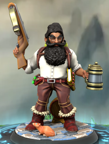 Figura hecha en Hero Forge. Es un enano de piel ligeramente morena con el pelo negro recogido hacia atrás en una cola alta, un bigote repeinado y una barba espesa.
Va vestido con camisa blanca remangada, tirantes, pantalones marrones llenos de bolsillos, botas también marrones y gafas. Tiene un cinturón con un libro de fórmulas y un bolsillo de viales, ya que es alquimista.
En la mano derecha lleva en alto una ballesta y una jarra de cerveza en la izquierda. Detrás de él hay un pequeño barril y a sus pies hay un ratón de pelaje marrón claro y los ojos azules, pálidos e inquietantes.