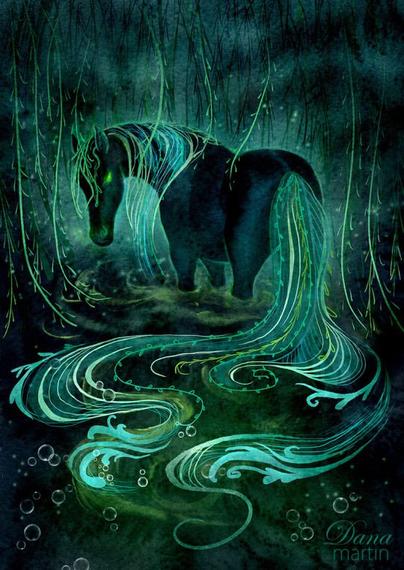 Depiction of a mysterious dark horse standing in water. Original digital artwork by Dana Martin