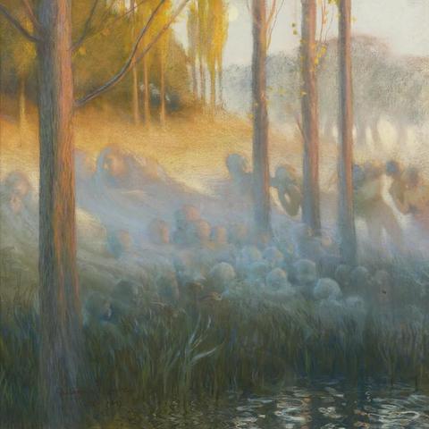 A dreamy forest scene with ethereal figures blending into the mist, invoking a mystical and serene atmosphere.

Theme:
The painting explores the mystical connection between nature and the spiritual realm, represented through ghostly figures emerging from the mist in a forest setting. It evokes a sense of mystery, transcendence, and the ethereal presence of spirits in the natural world.

Style:
The style is impressionistic with soft, diffused brushstrokes that emphasize light and atmosphere over details. The transitions between forms are fluid, giving the painting a dreamlike quality. The figures are semi-abstract, contributing to the elusive and otherworldly effect.

Description by Fizdi prints